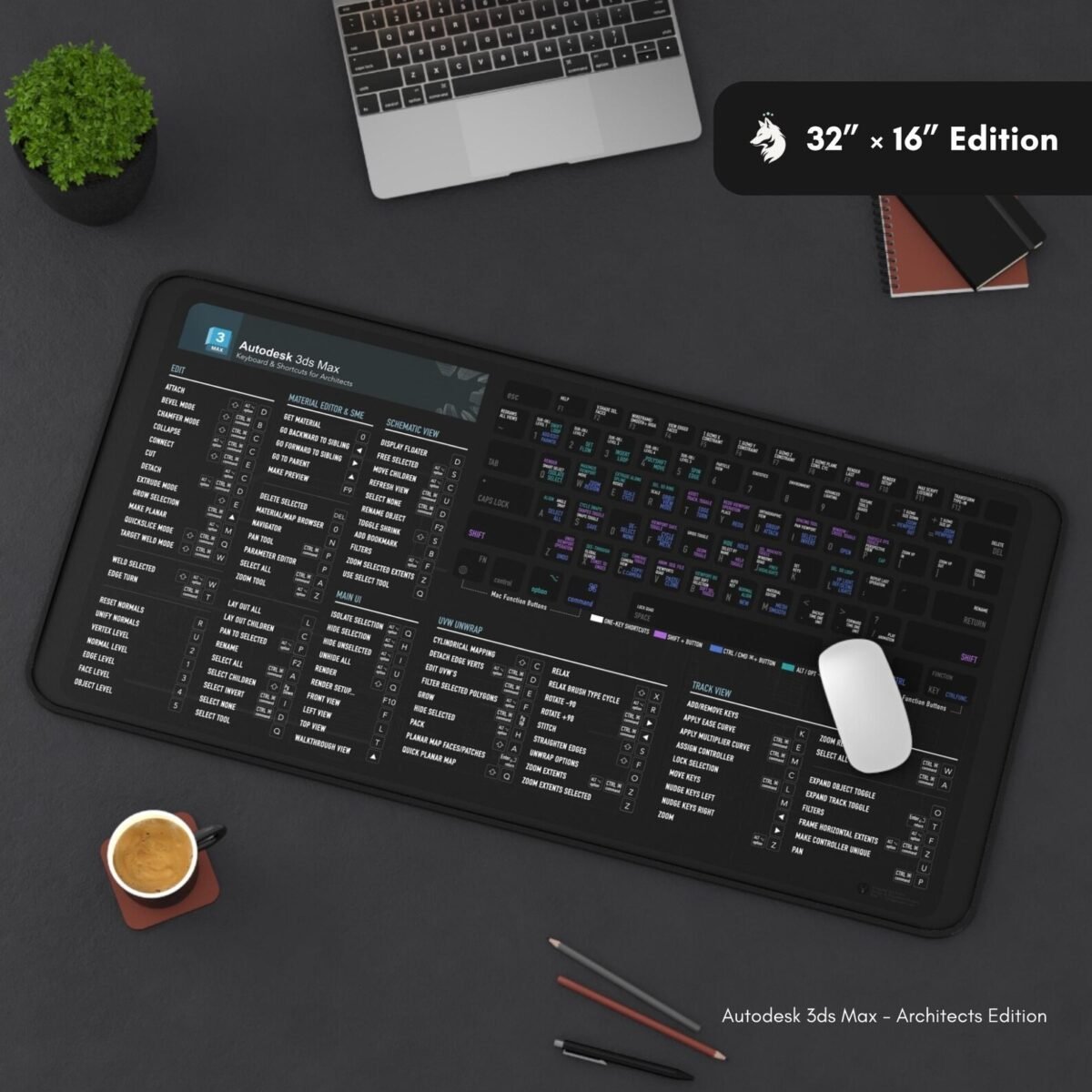 3ds Max rendering shortcuts deskmat with hotkeys for lighting, rendering, and camera workflows in AutoDesk 3ds Max.