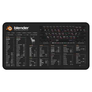 Blender 3D Shortcuts deskmat with keyboard hotkeys, modeling commands, sculpting shortcuts, and workflow booster pad.