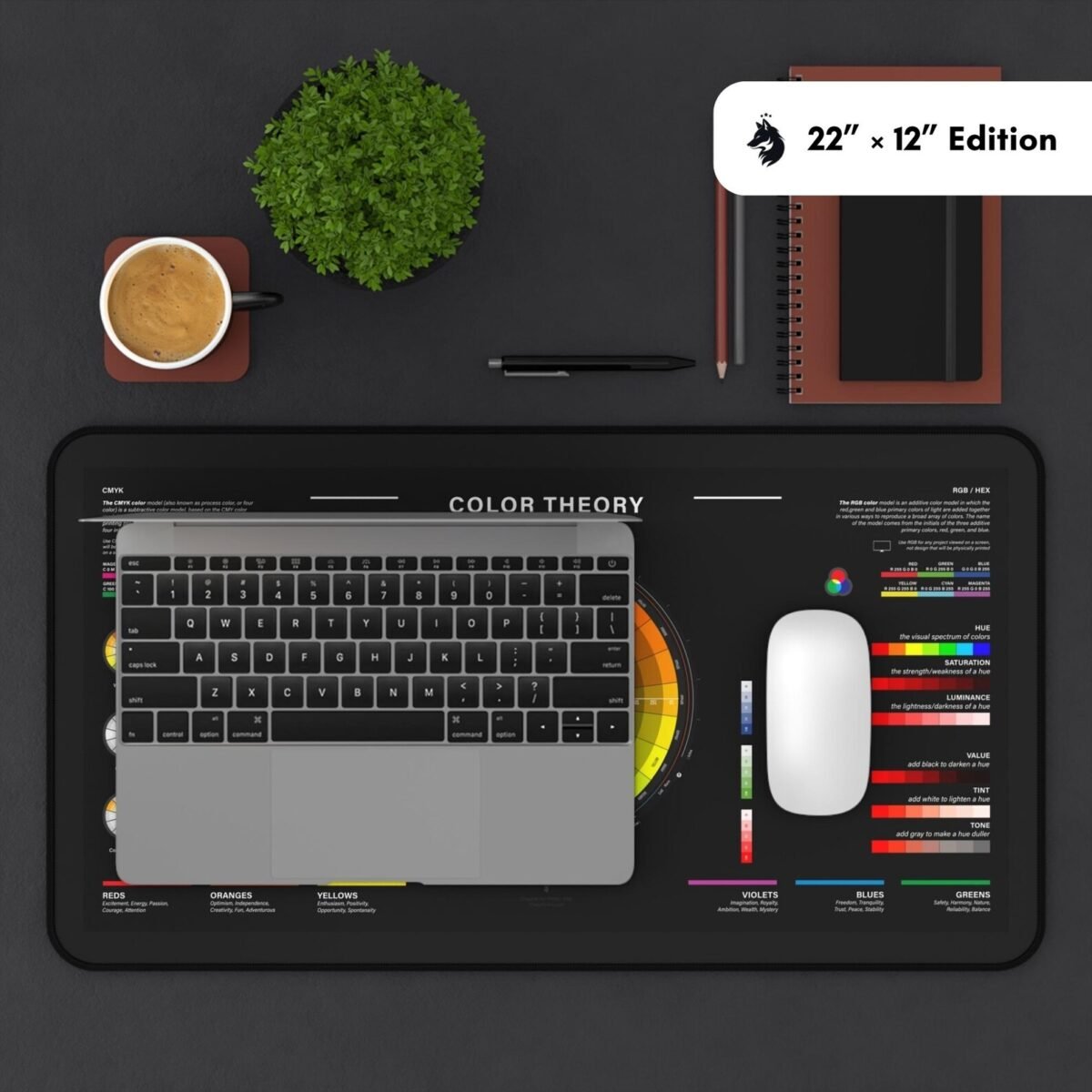 Cheat sheet deskmat displaying complementary colors chart and hue saturation value chart for quick design reference.