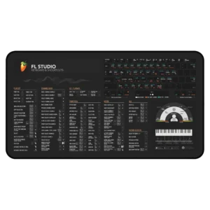 FL Studio Shortcuts deskmat showing hotkeys, cheat sheet, key commands, and beginner essentials for faster music production workflow.
