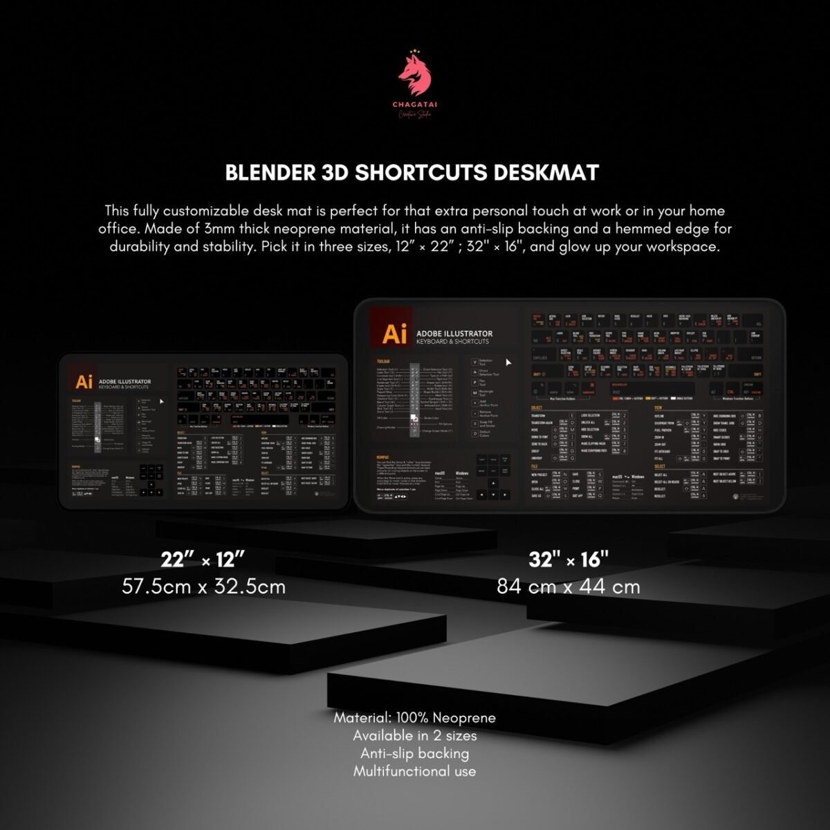 Graphic design deskmat printed with Illustrator Shortcuts for faster workflow.