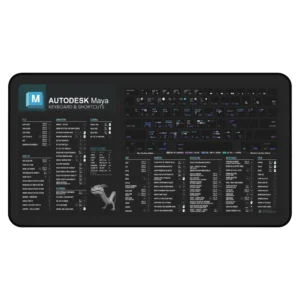 Maya Shortcuts deskmat with Autodesk Maya keyboard hotkeys, 3D modeling workflow guide, and animation shortcuts.