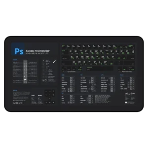 Photoshop Shortcuts Deskmat featuring Adobe Photoshop hotkeys, designed as a photo editing shortcut mat and digital art desk accessory.