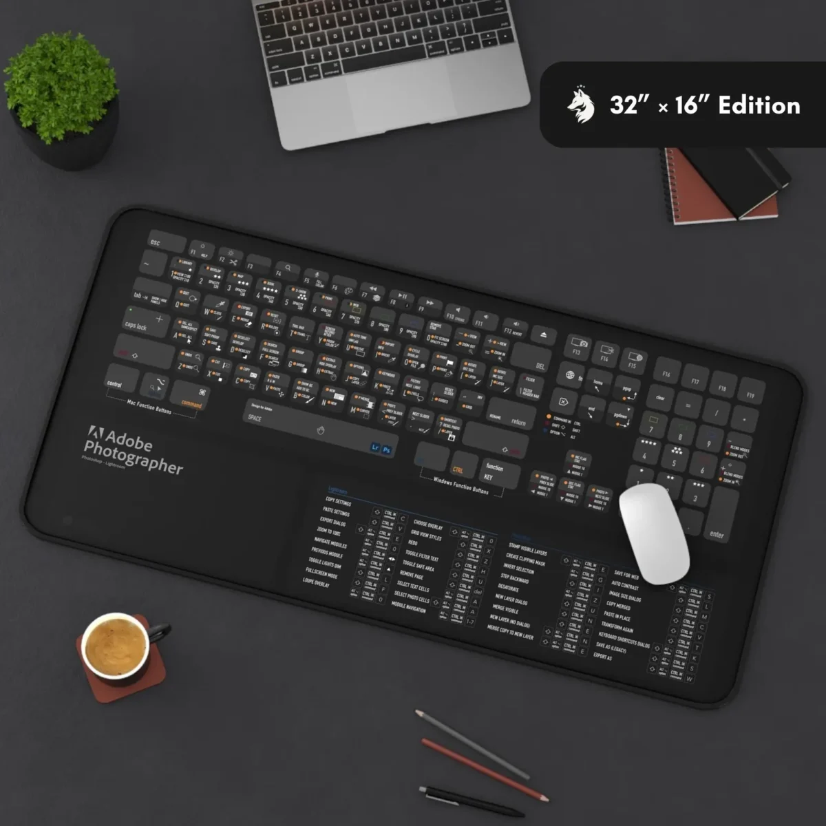 Editing desk with Adobe photo shortcuts mat