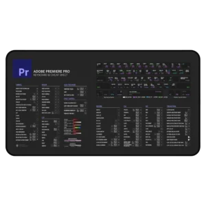 A professional Premiere Pro Shortcuts deskmat featuring Adobe hotkey reference, workflow booster tools, and video editing shortcut essentials.