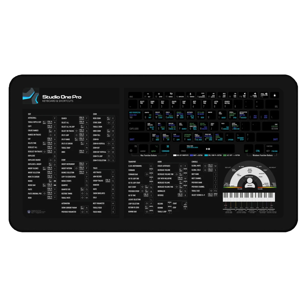 Studio One Keyboard Shortcuts deskmat with DAW hotkeys, Studio One Pro shortcuts, and workflow booster for producers.