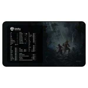 Unity Shortcuts Deskmat showing Unity 2025 Hotkeys, Unity Editor Cheat Sheet, and Unity VR Shortcuts for game developers