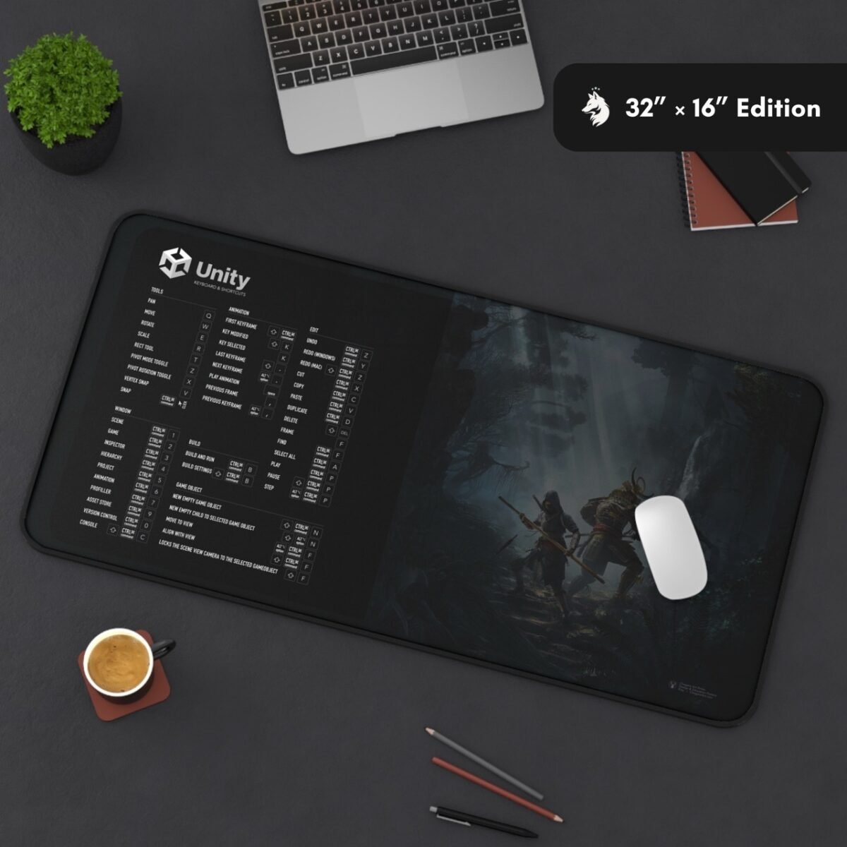 Unity Shortcuts Deskmat overview with Unity Editor Cheat Sheet, Unity Hotkeys, and Unity Productivity Deskmat for game developers