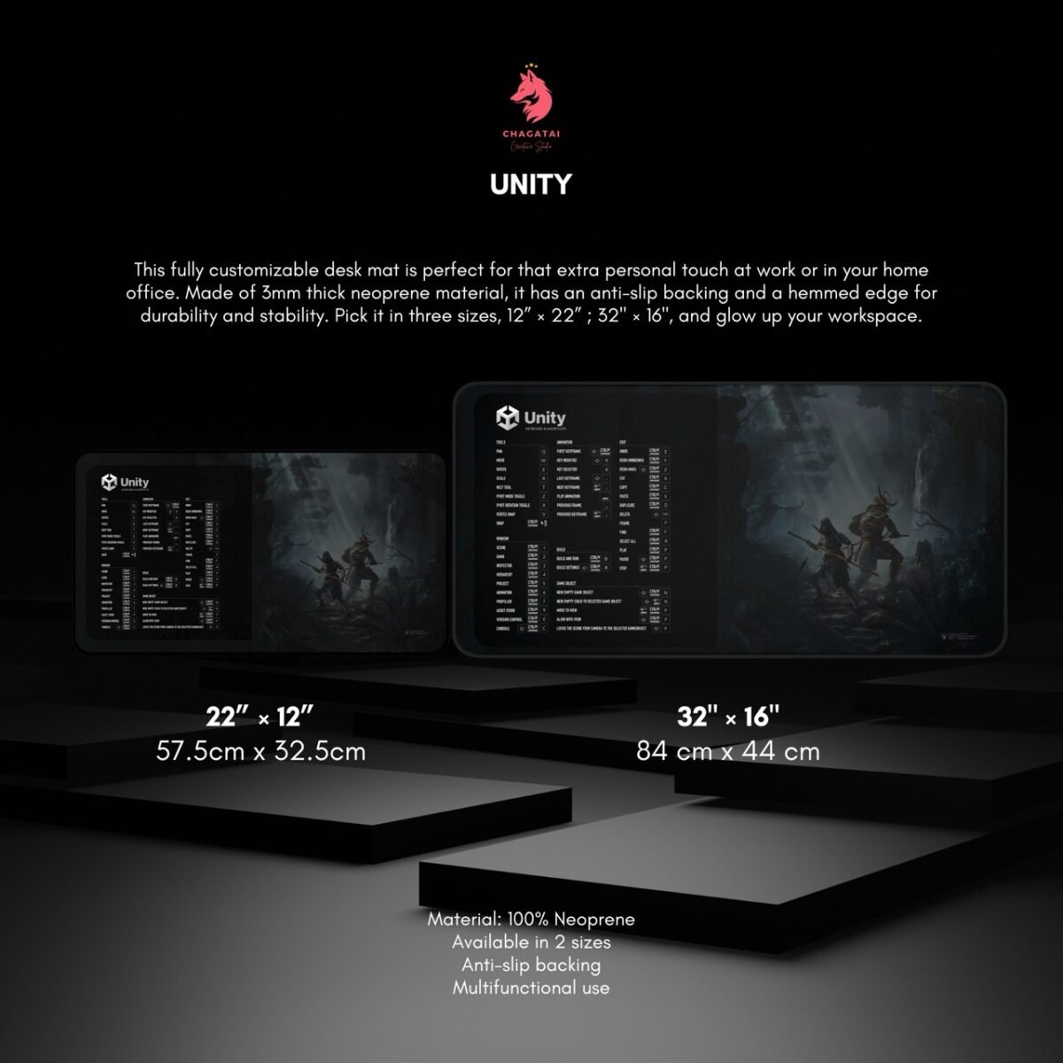 Unity Shortcuts Deskmat with anti-slip back design for Unity Hotkeys, Unity 2025 Shortcuts, and Unity VR development