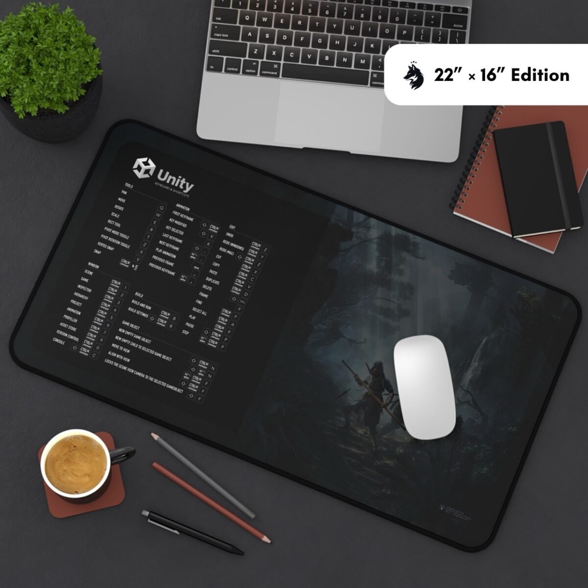 Unity Shortcuts Deskmat packaging showing Unity Hotkeys, Unity Editor Cheat Sheet, and Unity Game Dev Workflow reference mat