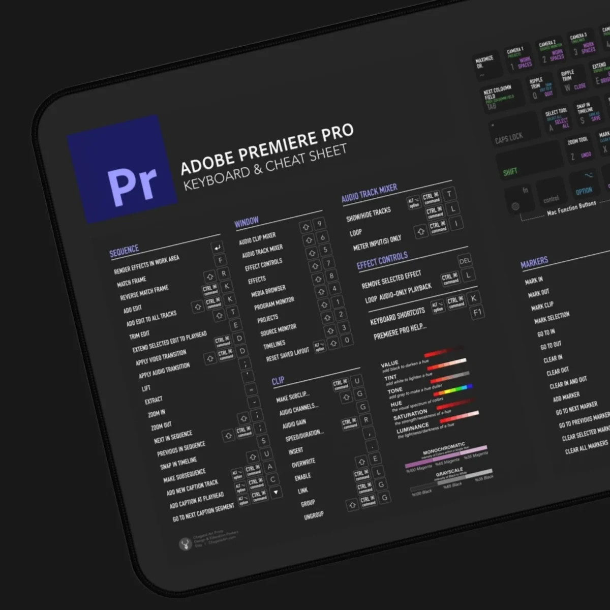 Large size Premiere Pro deskmat in a color grading suite