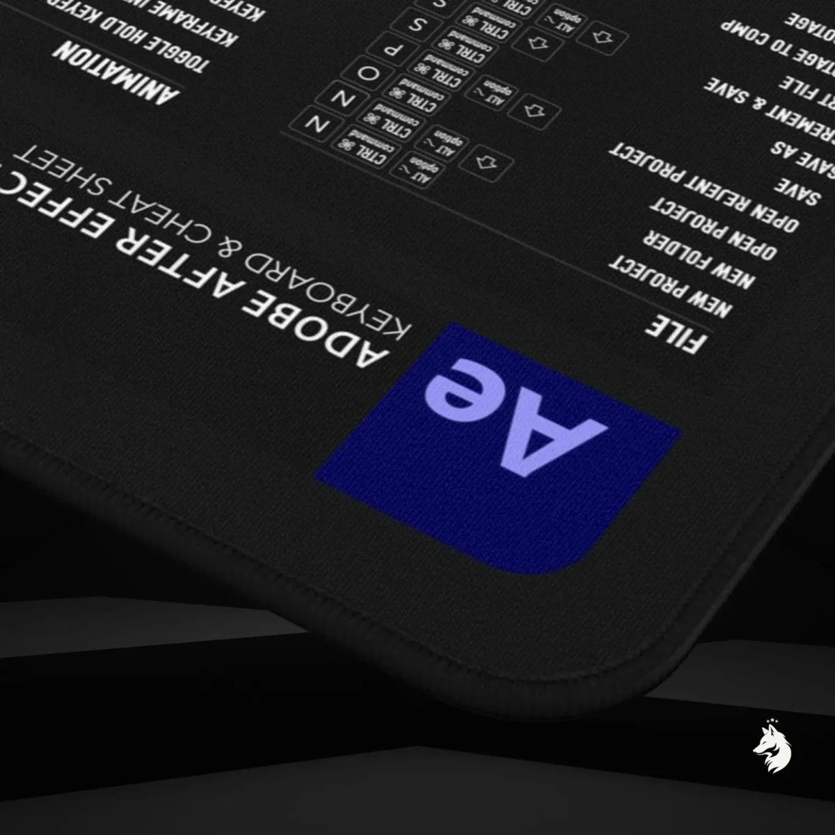 Adobe AE keyboard overlay mat with full After Effects shortcut references.