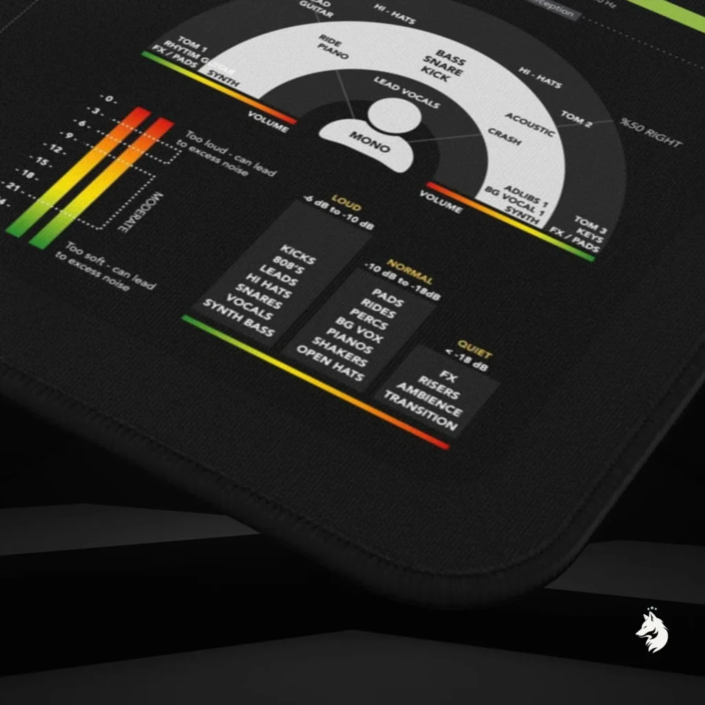 Studio deskmat with Audio Mixing Cheat Sheet, featuring mastering levels guide, EQ mixing chart, and drum reference for audio engineers.