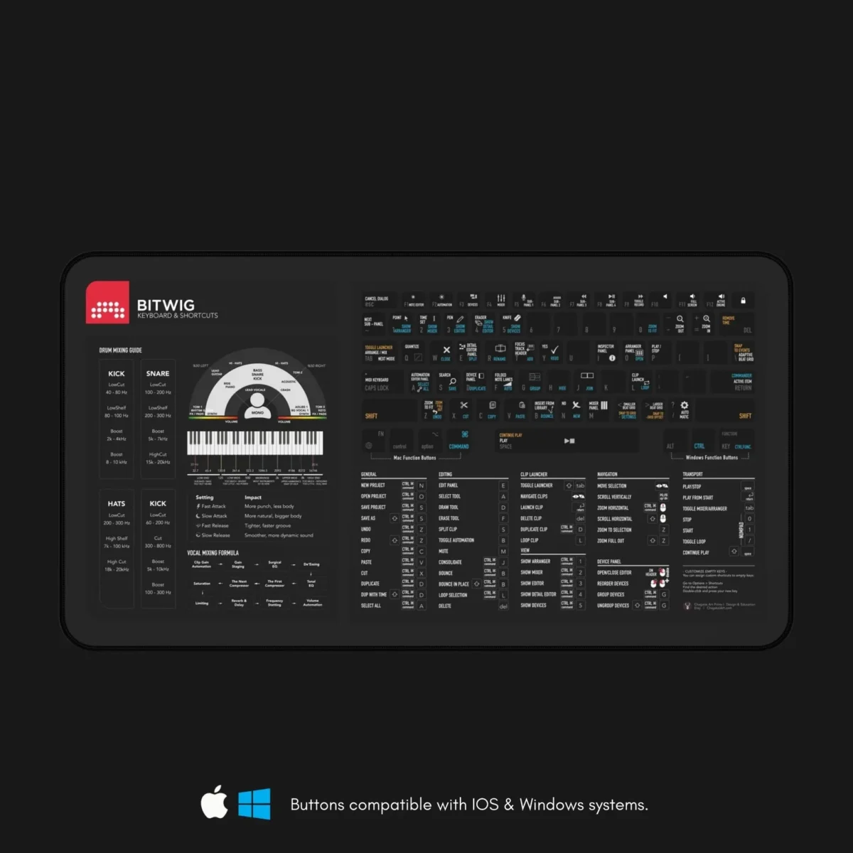 Bitwig producer desk gear with shortcuts cheat sheet, studio reference pad, and modular workflow guide.