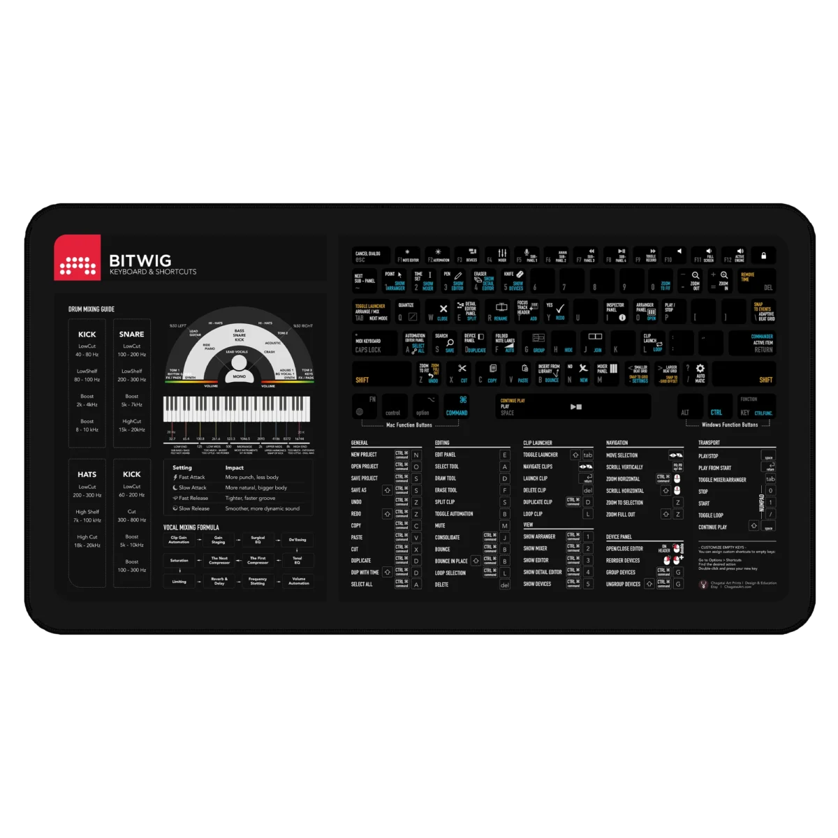 Bitwig Studio Shortcuts deskmat with keyboard hotkeys, DAW command reference, and modular music production guide.