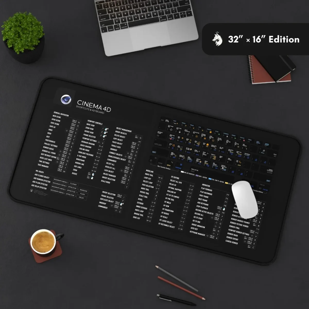 Render artist keyboard mat with Cinema 4D Shortcuts, lighting hotkeys, rendering shortcuts, and camera control commands for 3D workflows.
