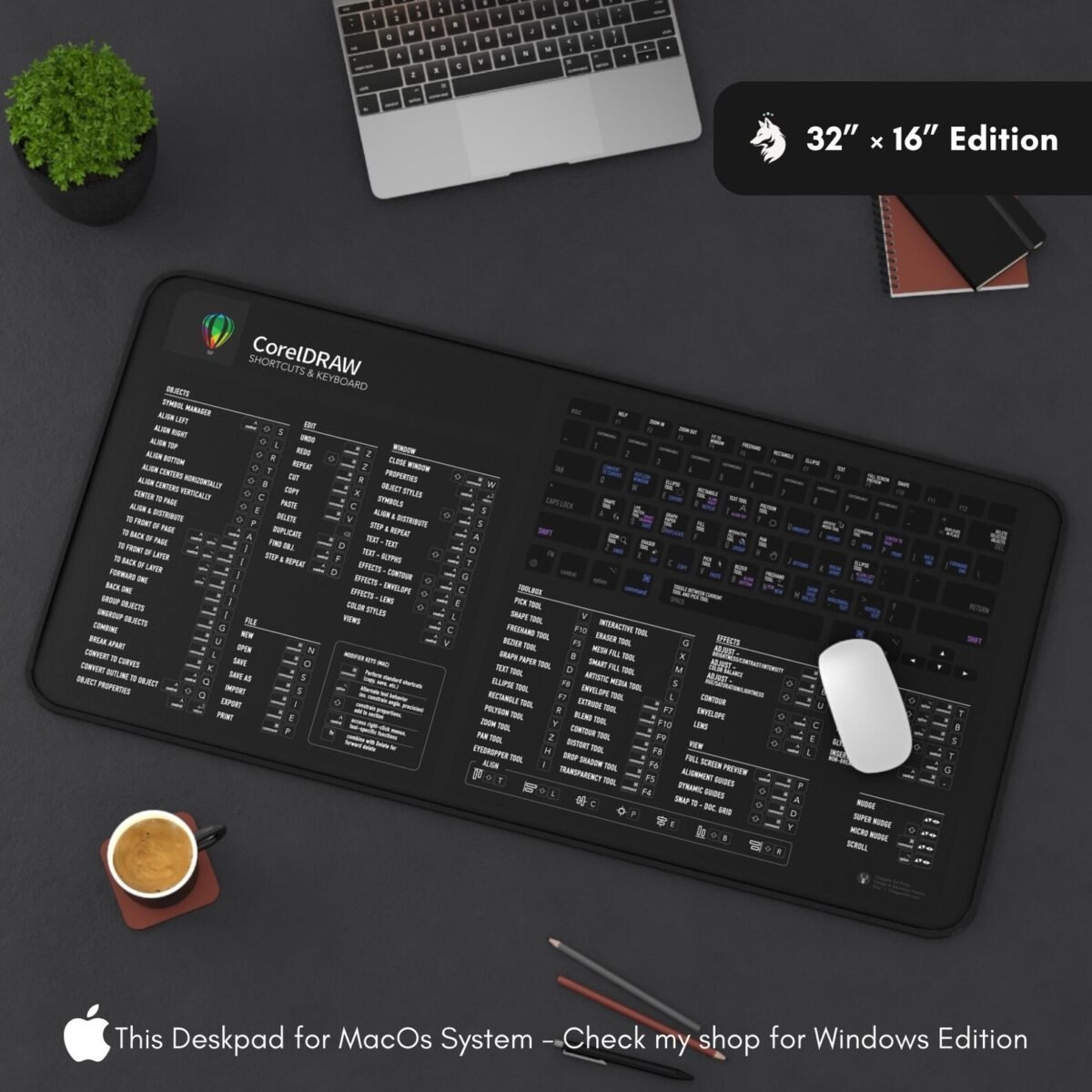 MacBook and Corel shortcut mat for illustrators