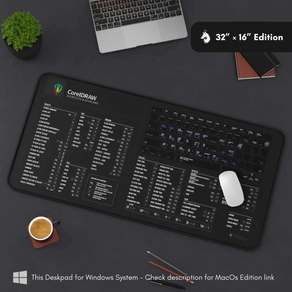 Deskmat featuring Corel Object Editing Shortcuts and CorelDRAW Keyboard Shortcuts for advanced vector design.