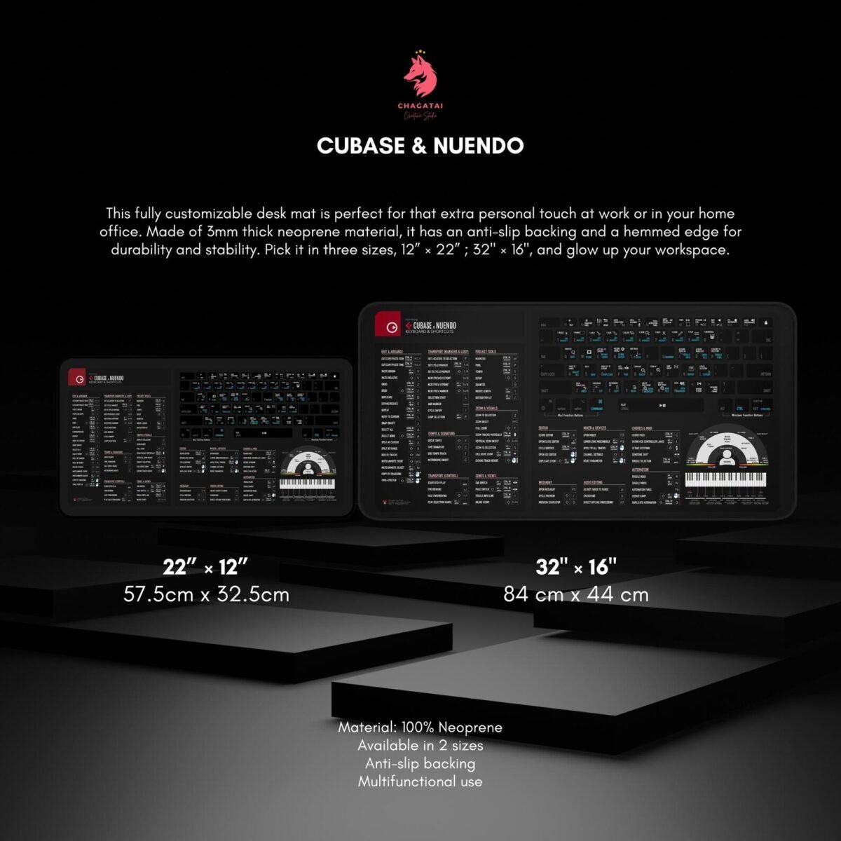 Nuendo Shortcuts deskmat with keyboard hotkeys, film scoring reference mat, and post-production workflow guide.