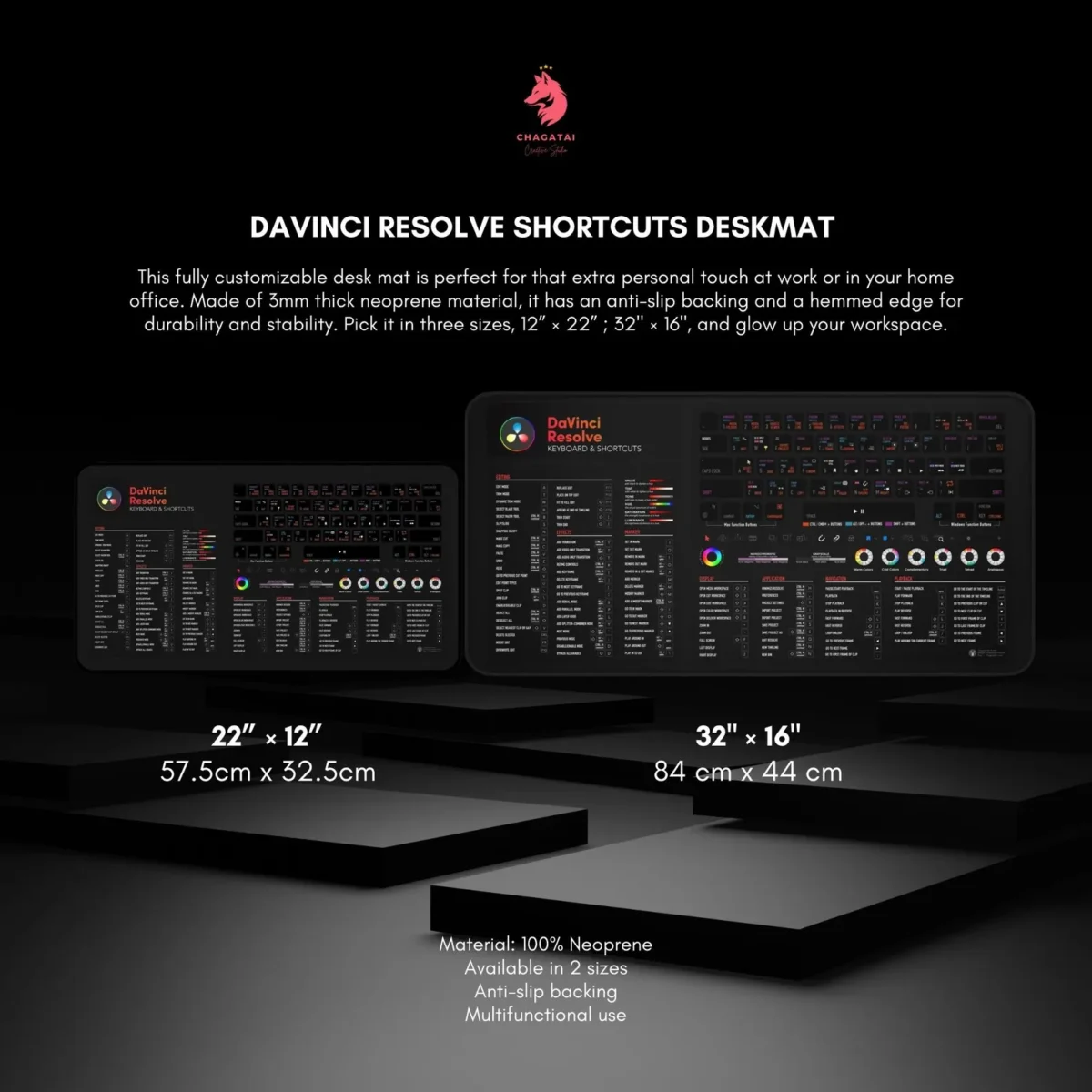 DaVinci Resolve editing shortcut pad with grading hotkeys, Fusion commands, and timeline control mat.