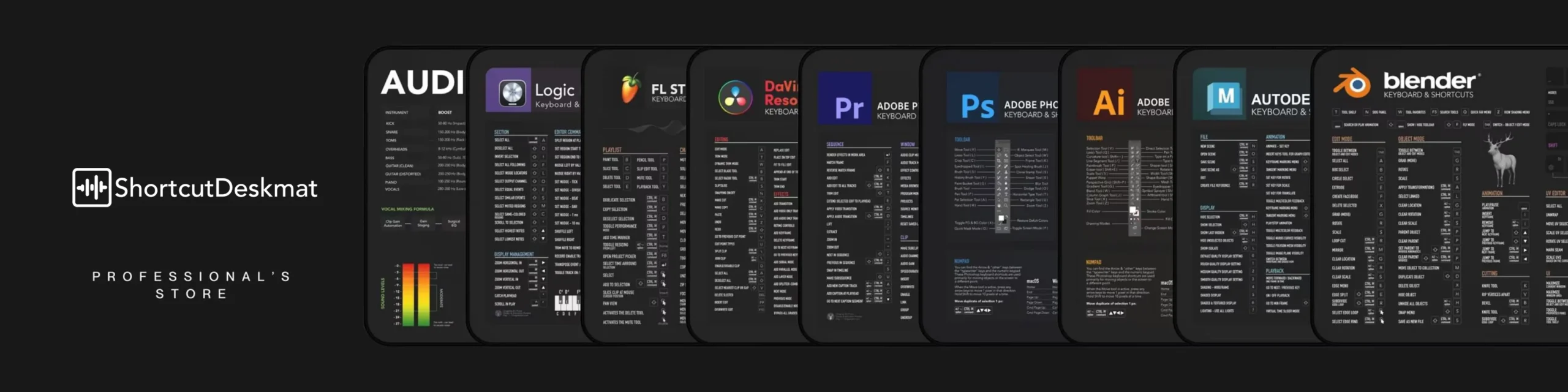 A full lineup of professional keyboard shortcut desk mats for music producers, video editors, 3D artists, and developers using Logic Pro, FL Studio, DaVinci Resolve, Blender, and more.