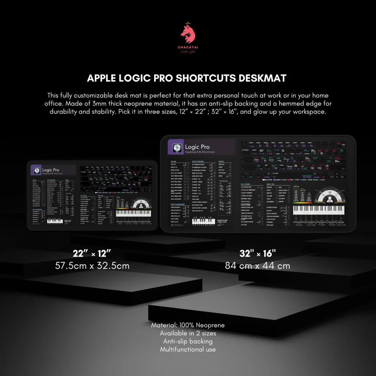 Logic Pro Shortcut Deskmat for music production, featuring DAW workflow mat, audio mixing pad, and producer desk pad.