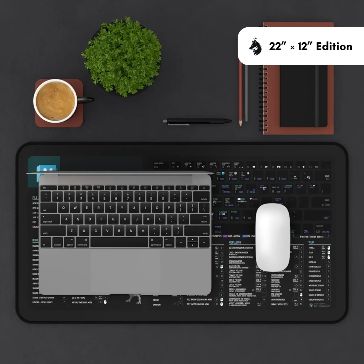 Maya sculpting hotkeys deskmat with workflow booster, modeling shortcuts, and Autodesk Maya hotkey guide.