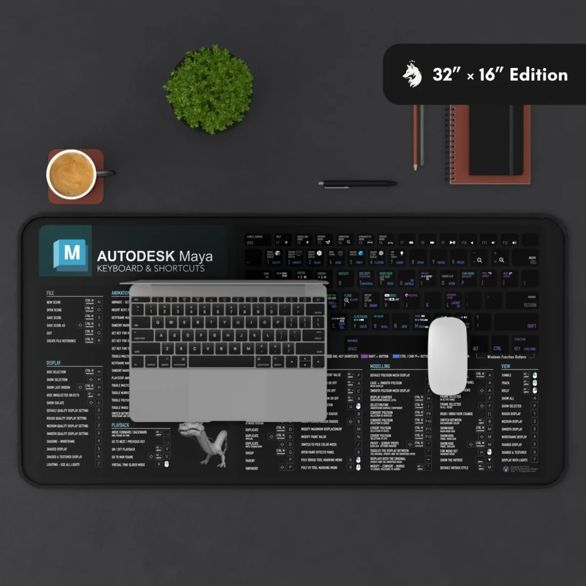 Maya animation hotkeys deskmat with shortcuts for animators, character rigging commands, and modeling references.
