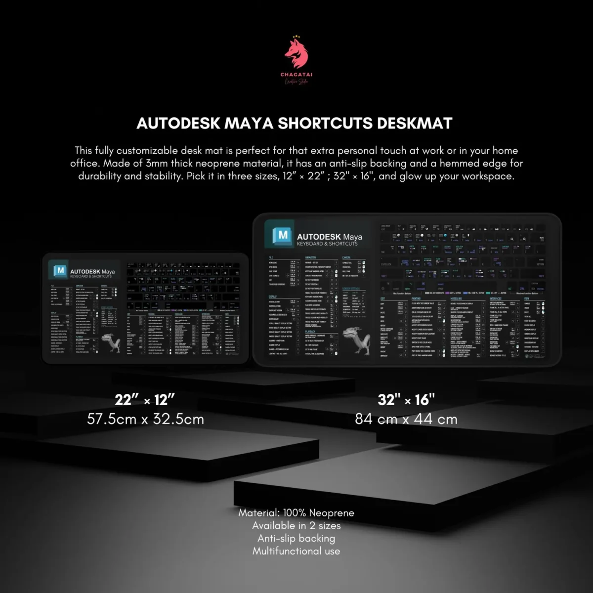 Maya 2025 hotkeys deskmat with modeling references, animation shortcuts, and UV mapping essentials.