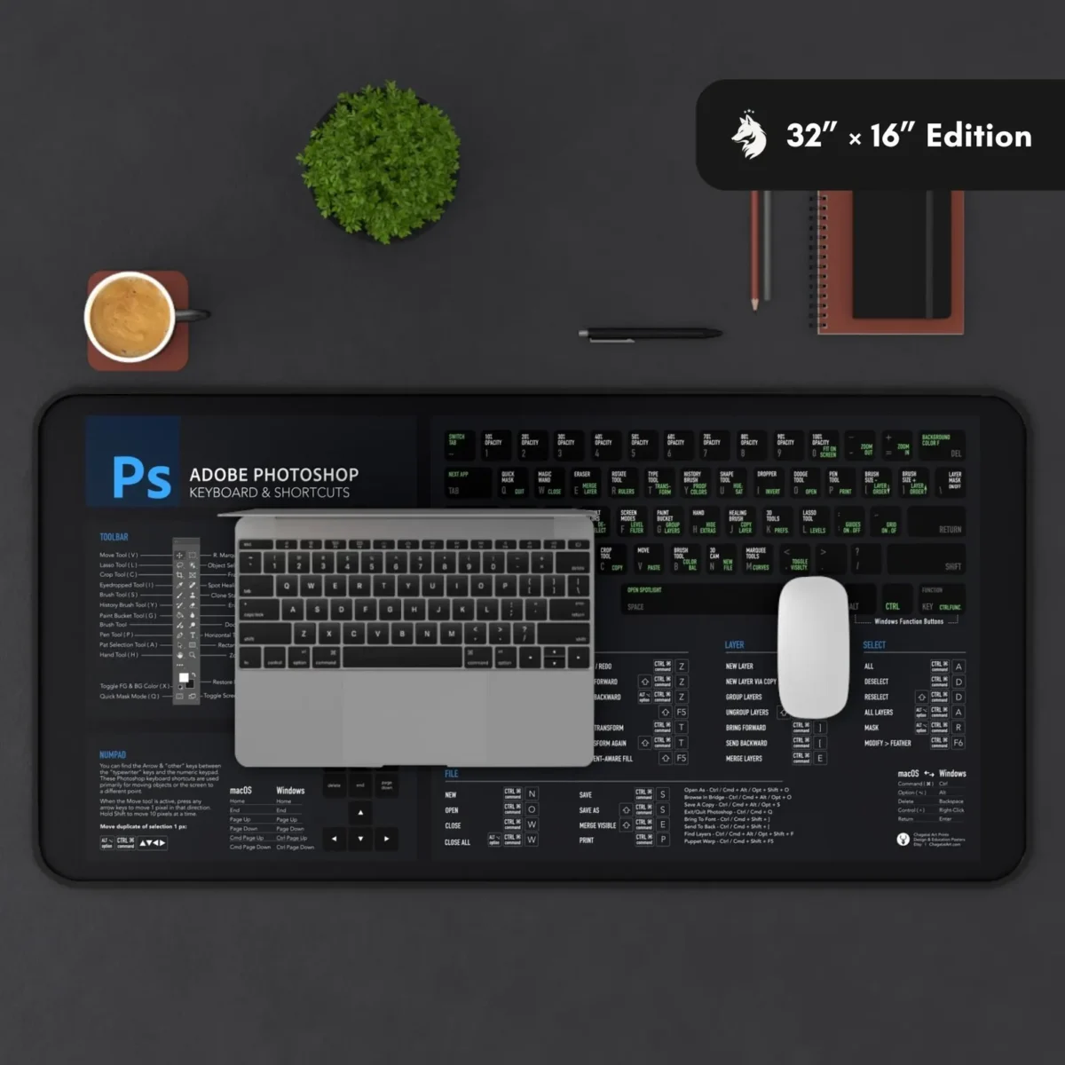 Photoshop Shortcuts deskmat showcasing Adobe Photoshop hotkeys, workflow booster for digital artists and graphic designers.