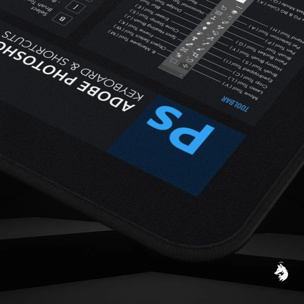 Graphic design Photoshop Shortcuts Deskmat with Adobe Photoshop hotkeys and photo editing references.