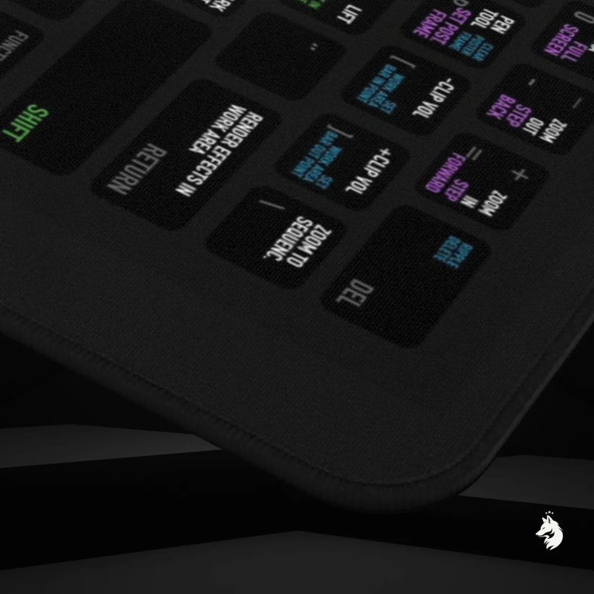 Close-up of Premiere Pro hotkeys on neoprene mat