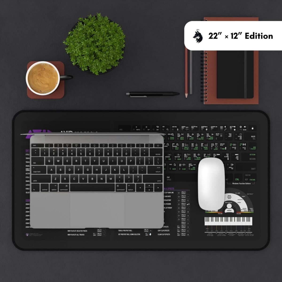 Pro Tools shortcuts cheat sheet deskmat with DAW workflow booster, mixing commands, and podcast editing guide.