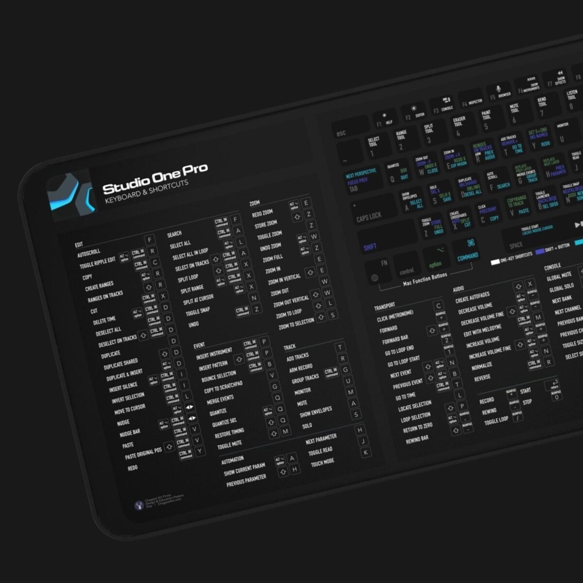 Studio One hotkey guide deskmat with keyboard shortcuts, producer workflow booster, and recording studio reference.