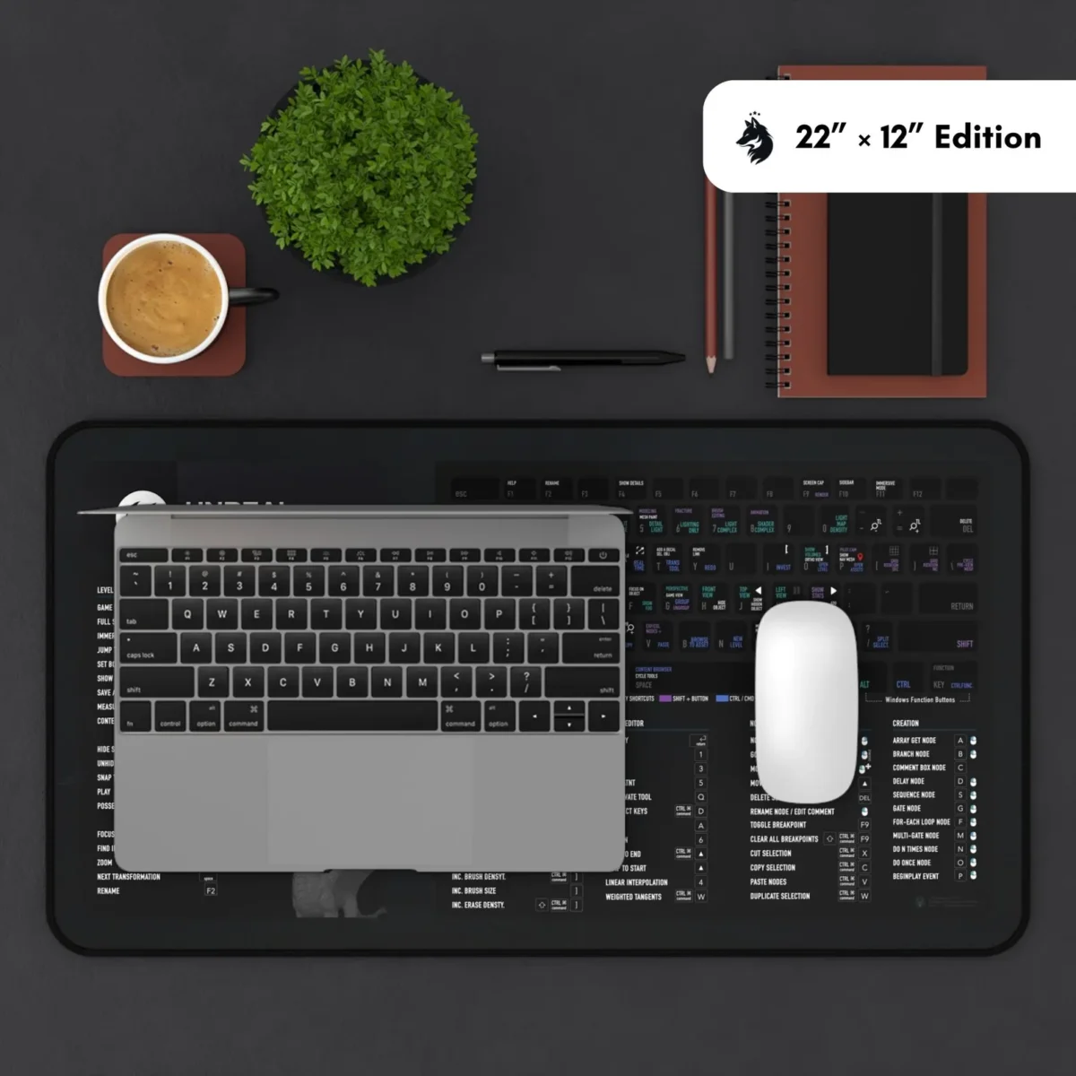 Unreal Engine keyboard mat with all shortcuts, a UE5 workstation mat for coding, modeling, and game development productivity