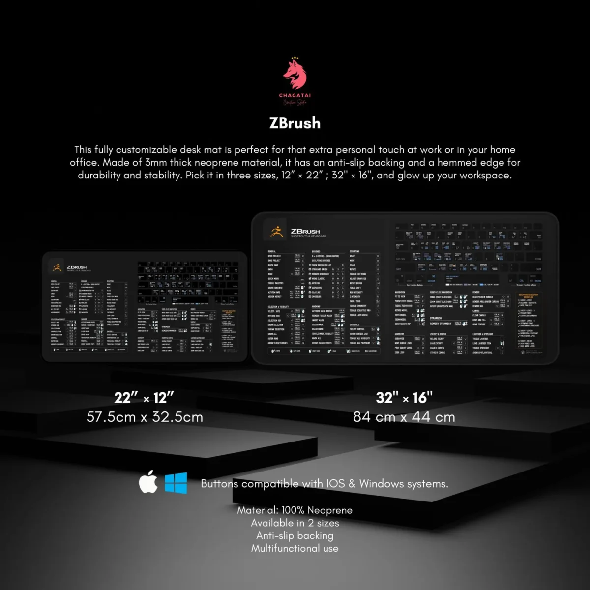 ZBrush Shortcuts Cheat Sheet Deskmat displaying all hotkeys needed for sculpting, painting, modeling, and rendering workflows.